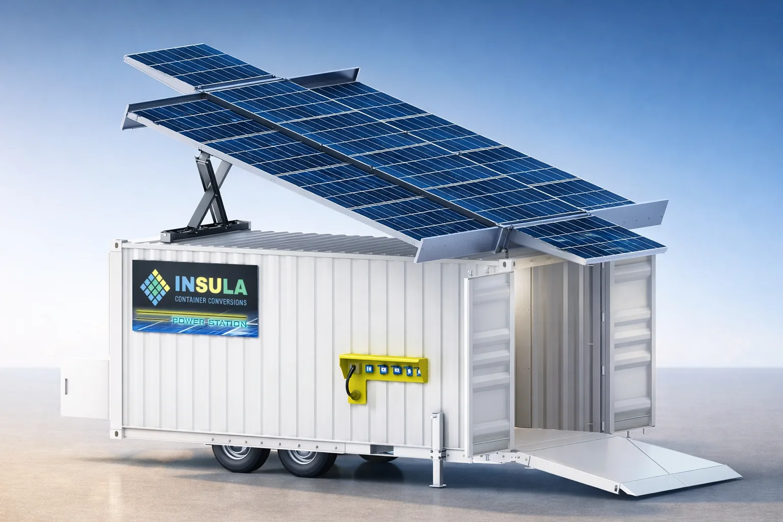 Portable solar power station container with panels deployed