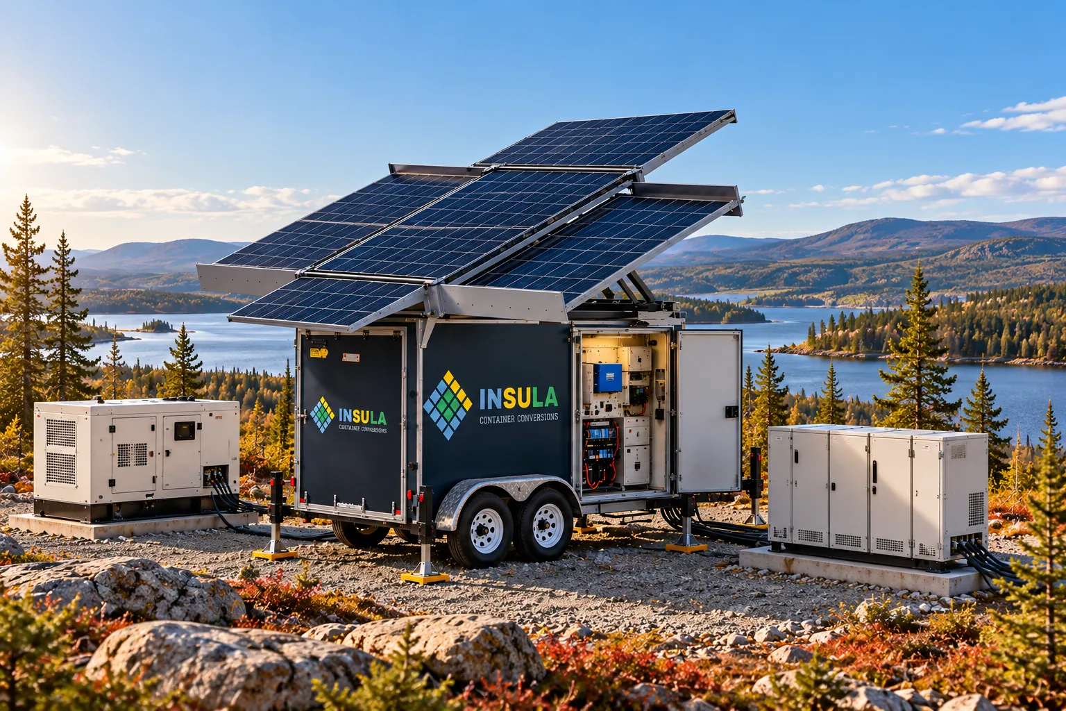 Insula foldable solar array trailer with generator and battery storage beside a northern lake