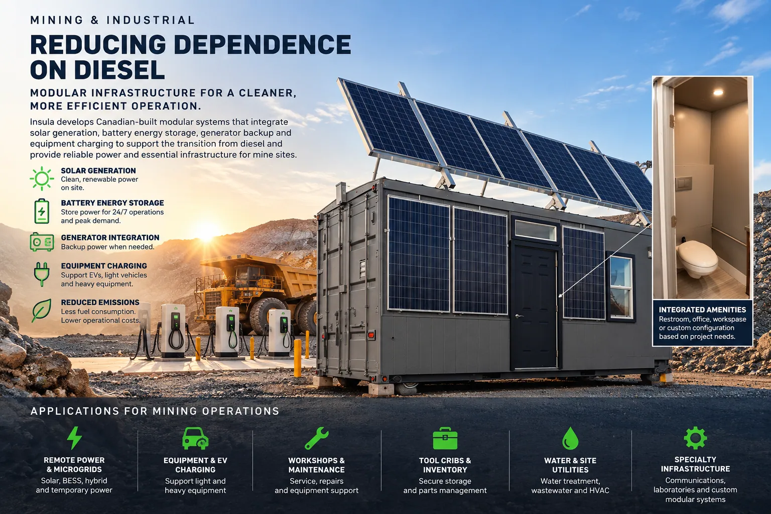 Reducing dependence on diesel: an Insula container with solar generation, battery energy storage, generator integration, equipment charging and integrated amenities at a mine site, with six applications for mining operations