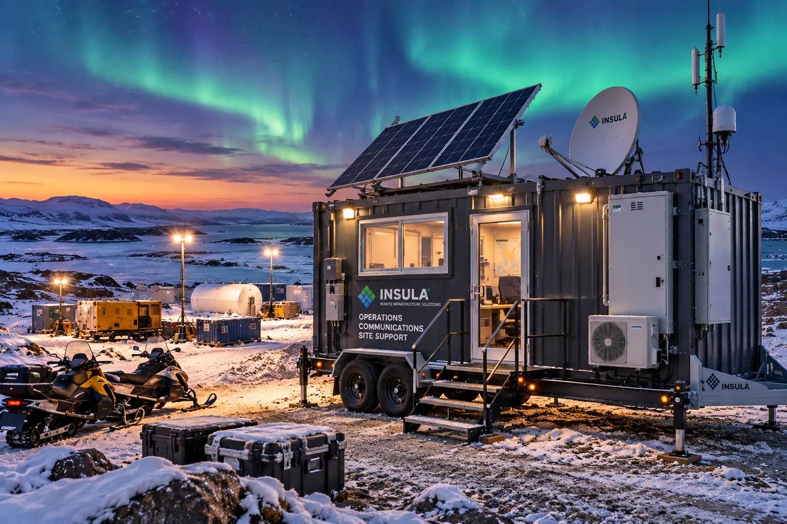 Insula operations and communications unit with solar panels and satellite dish under the northern lights