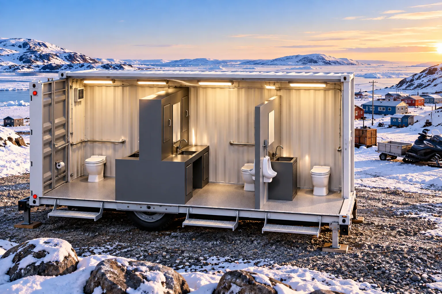 Cutaway of an Insula container washroom trailer in a northern community